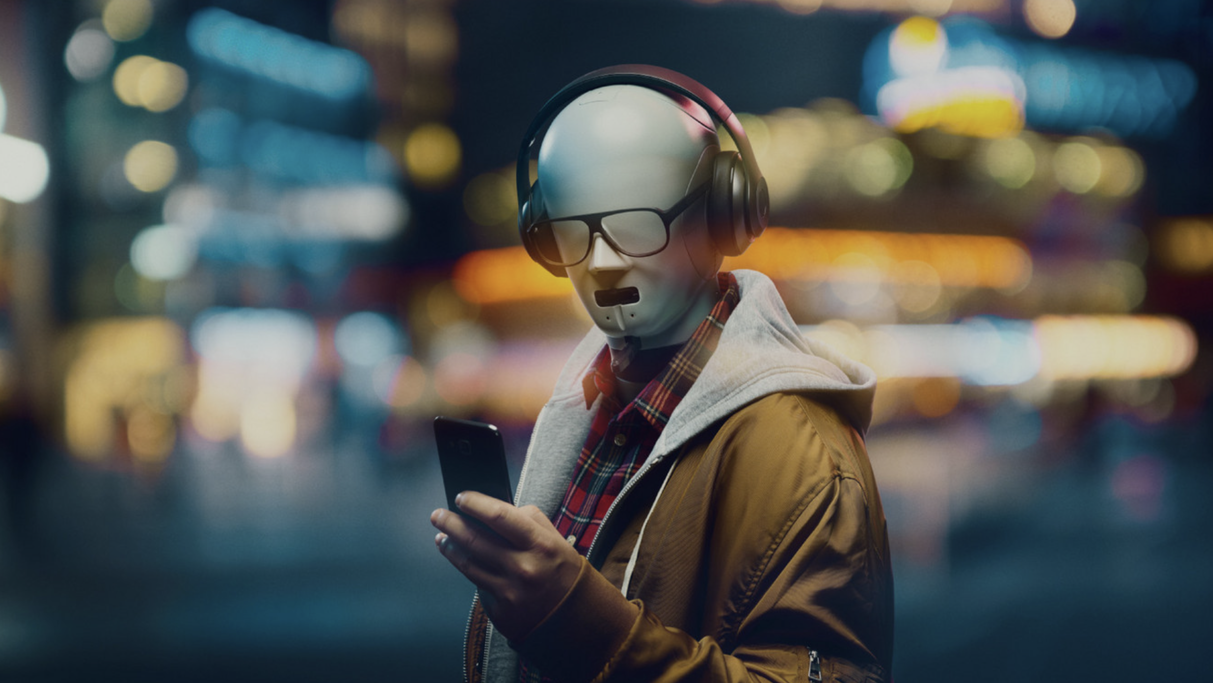 A humanoid robot wearing headphones, sunglasses, and casual clothing, holding a smartphone in an urban setting