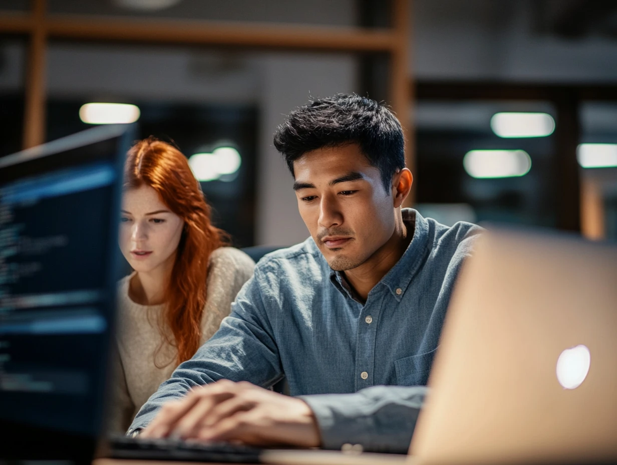 Man typing on laptop with woman beside him