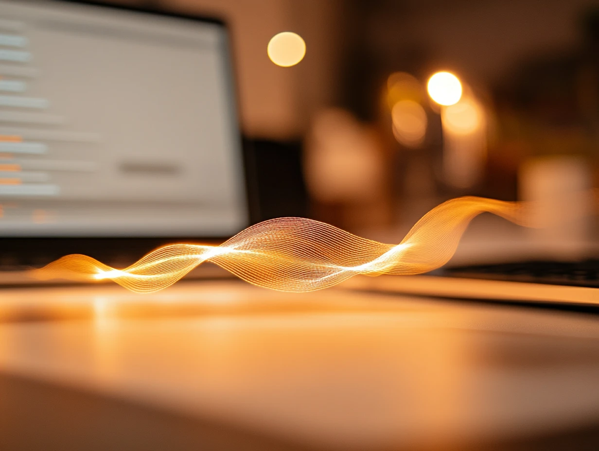 Glowing yellow stream emerging from a laptop screen, representing translation technology