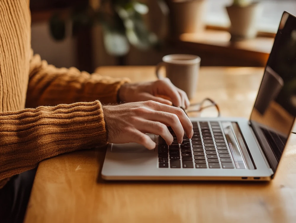 Hands typing on a laptop keyboard