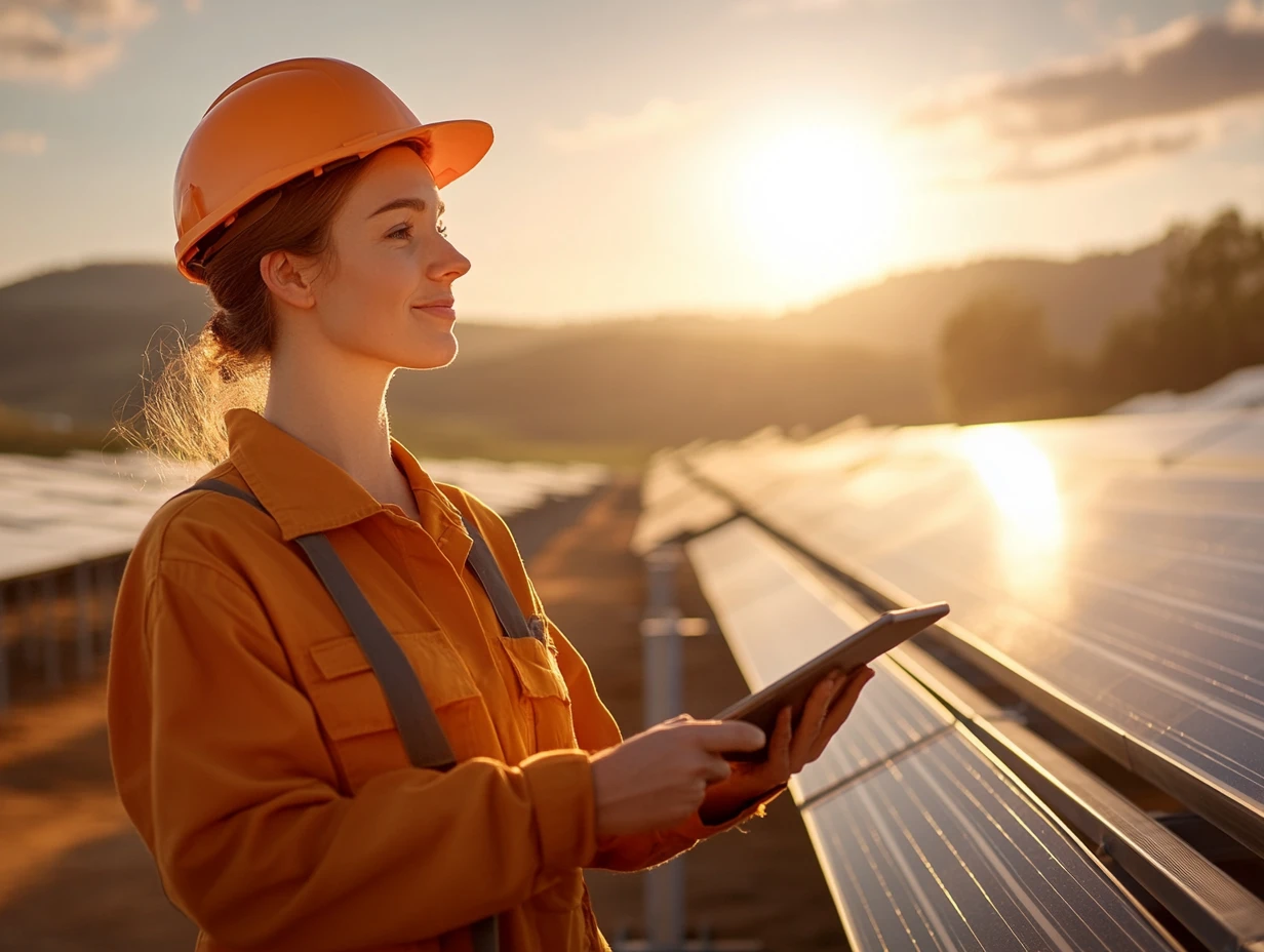 Female engineer in orange uniform inspecting solar panels with tablet at sunset