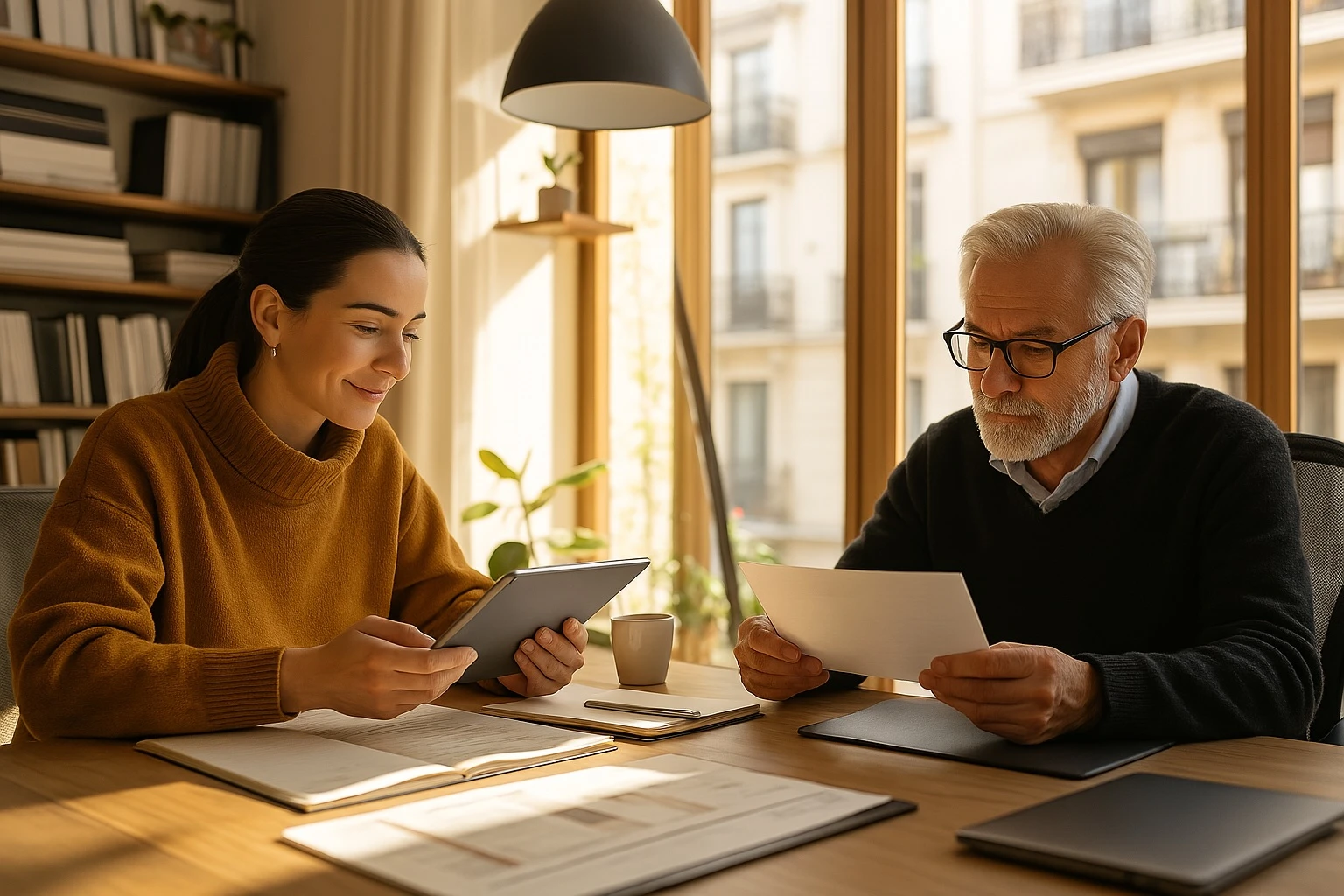 A man and a woman reading documents in a bright office