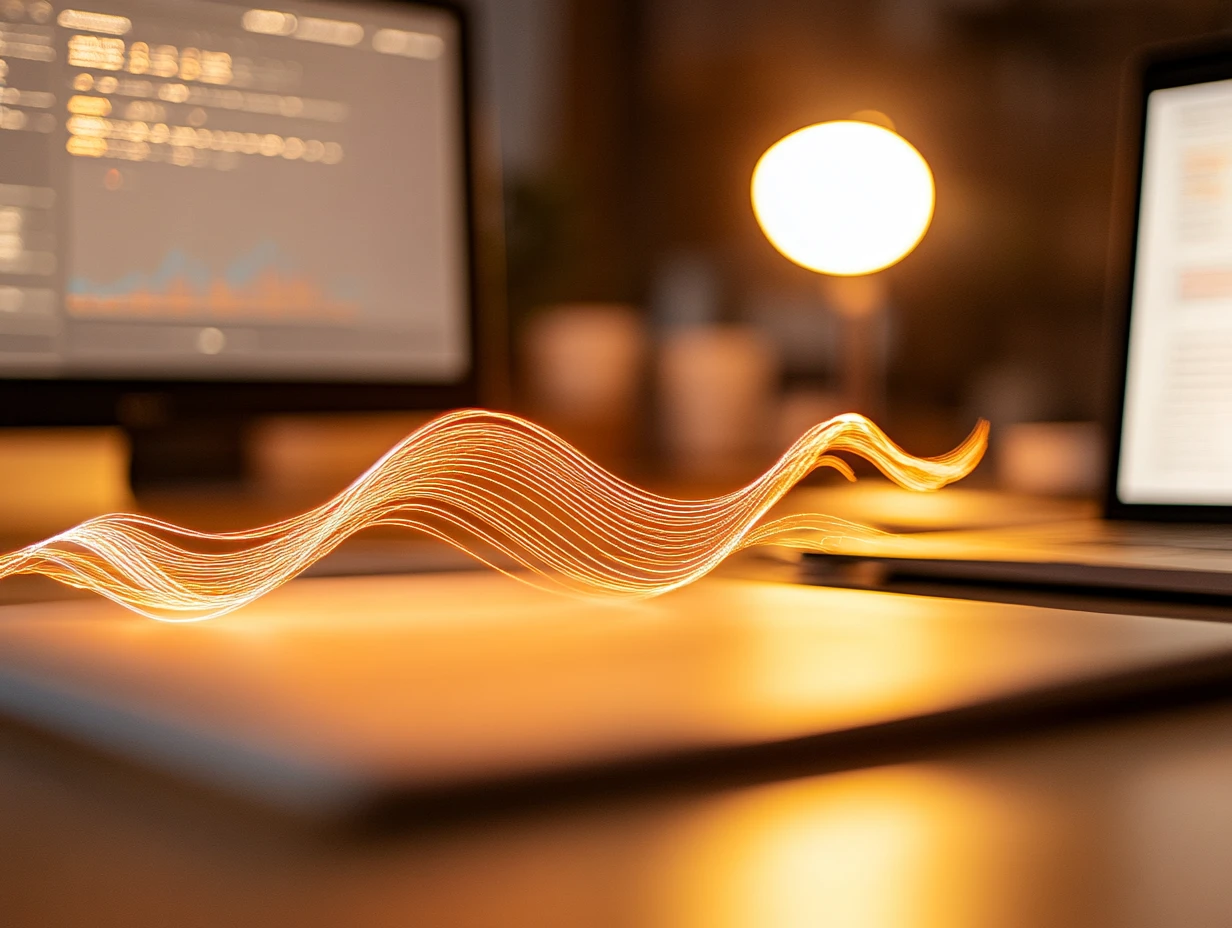 Glowing yellow stream emerging from a laptop screen, representing translation technology