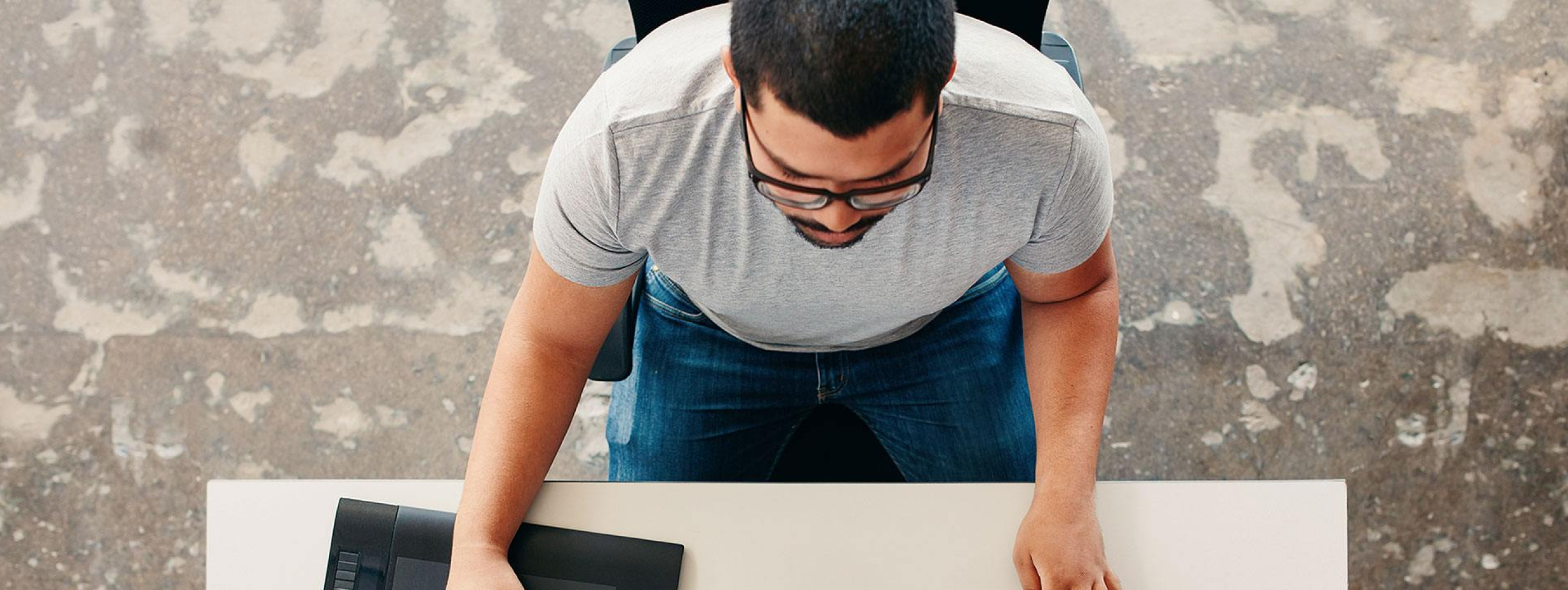 Top-down view of a person working