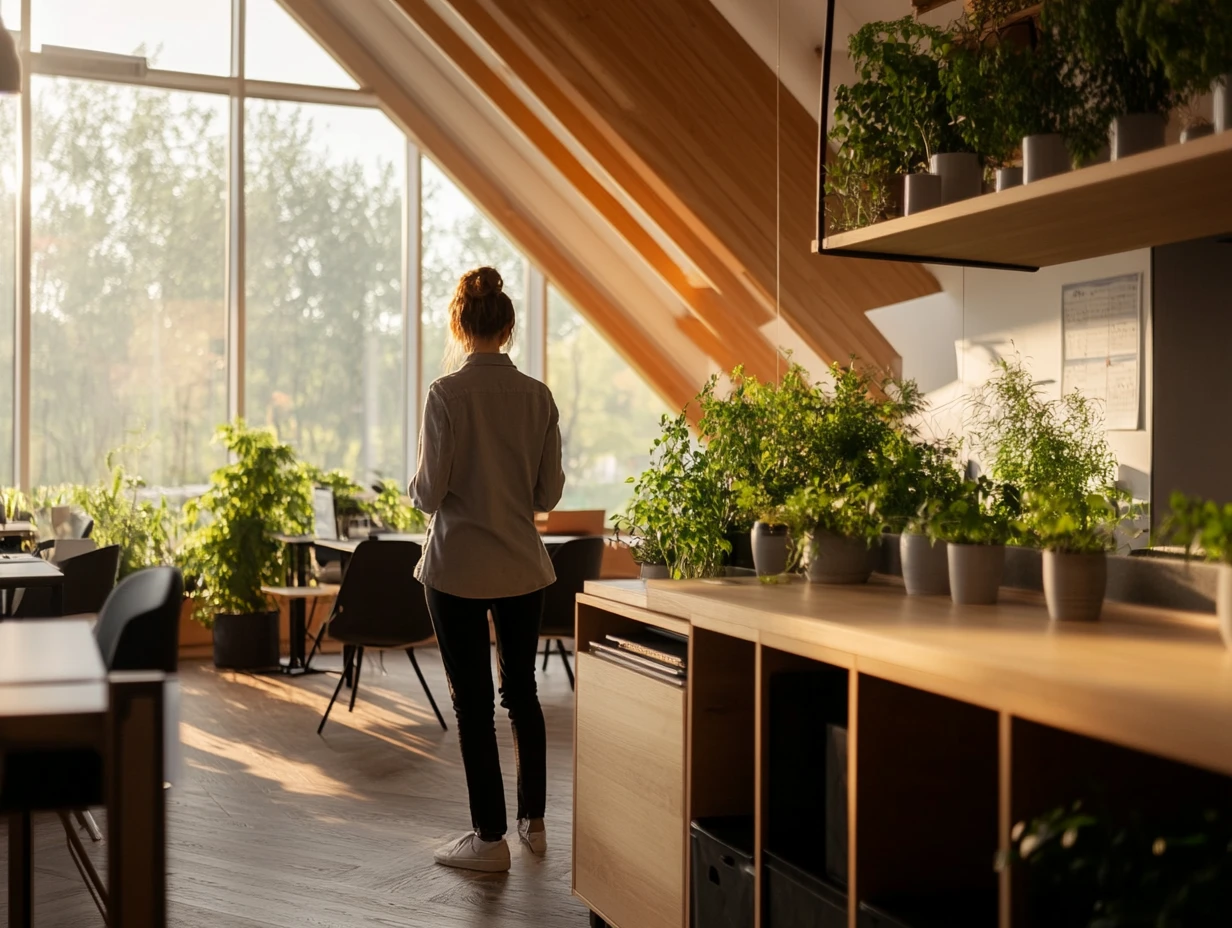 Woman standing in a bright room with plants
