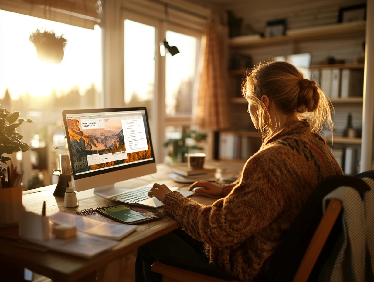Woman sitting at her desk, working on her computer 