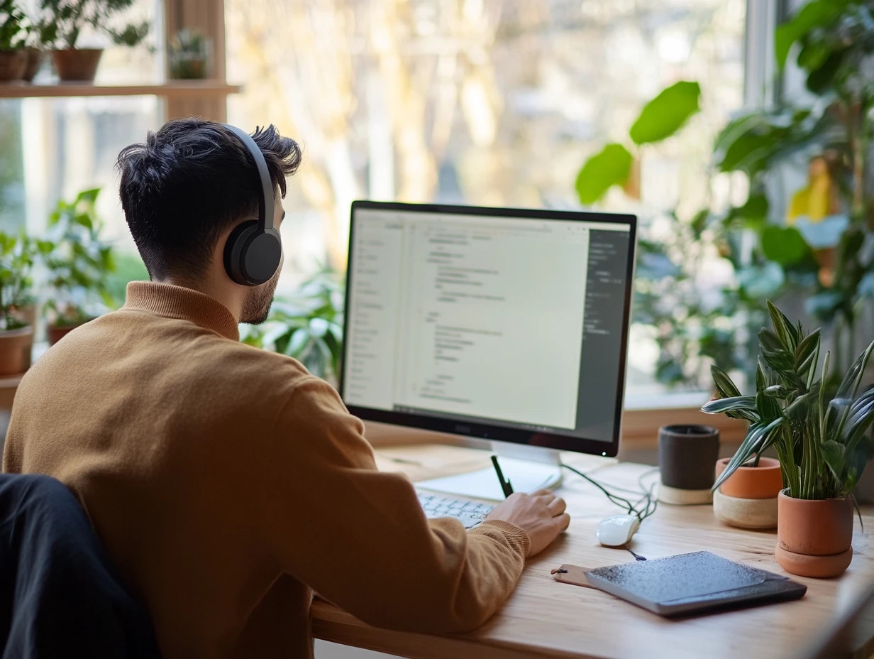 Man wearing headphones sitting at a desk, looking at his screen
