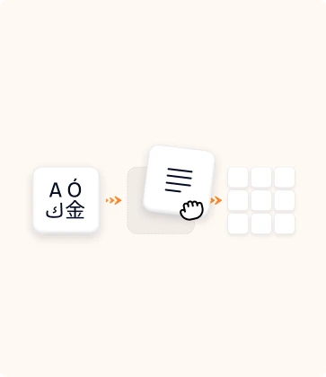 An illustration of icons that represent a process of creating multi-market content on an orange background