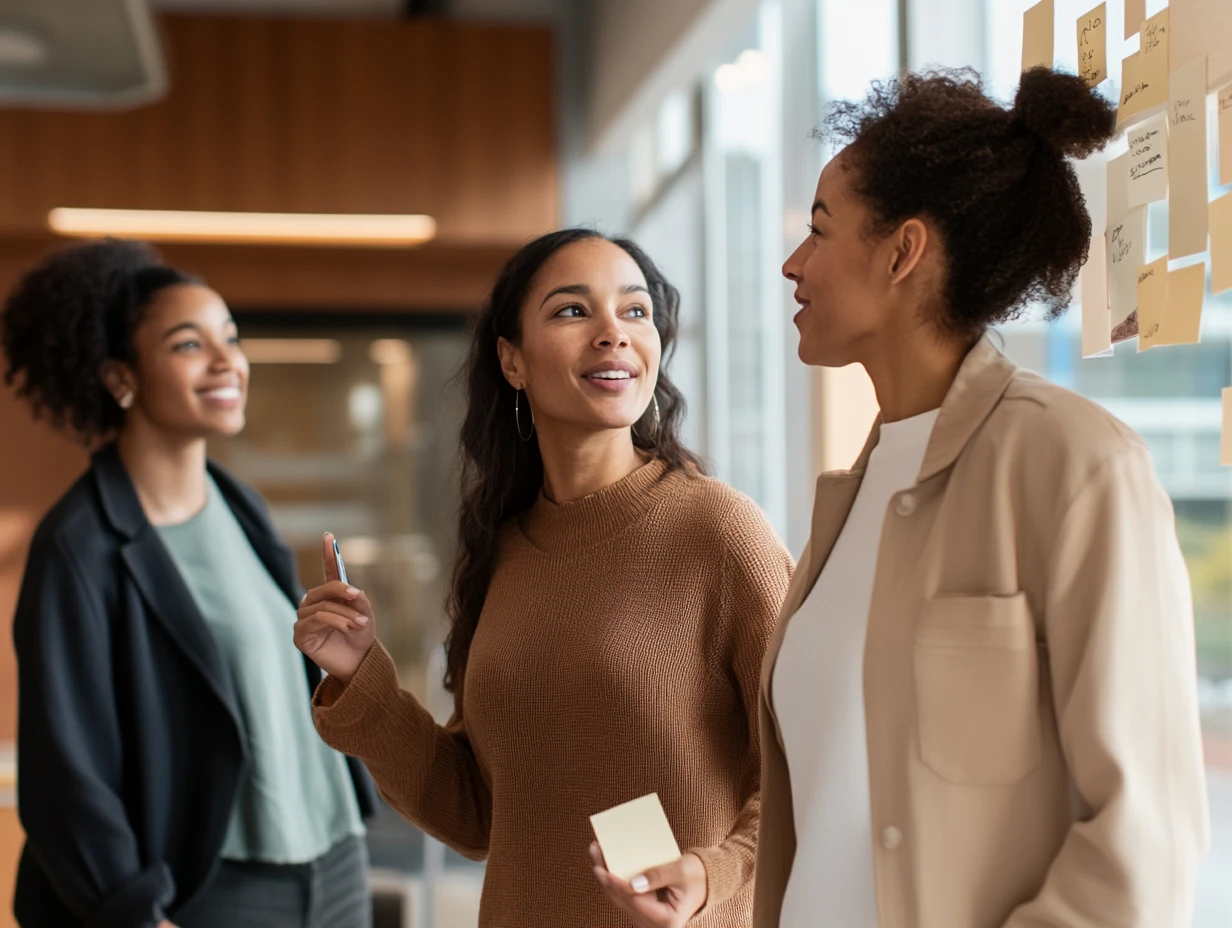 Three woman collaborating at an open concept office walking away from window covered in sticky notes