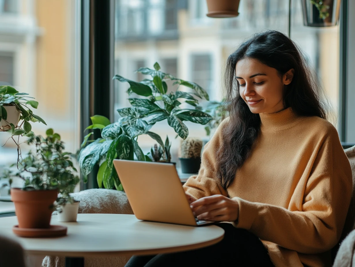 Woman sitting in a cozy cafe on her laptop