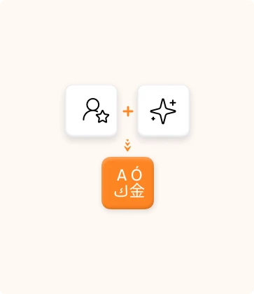 An illustration of icons that represent a process of an AI-driven translation with expert review on an orange background