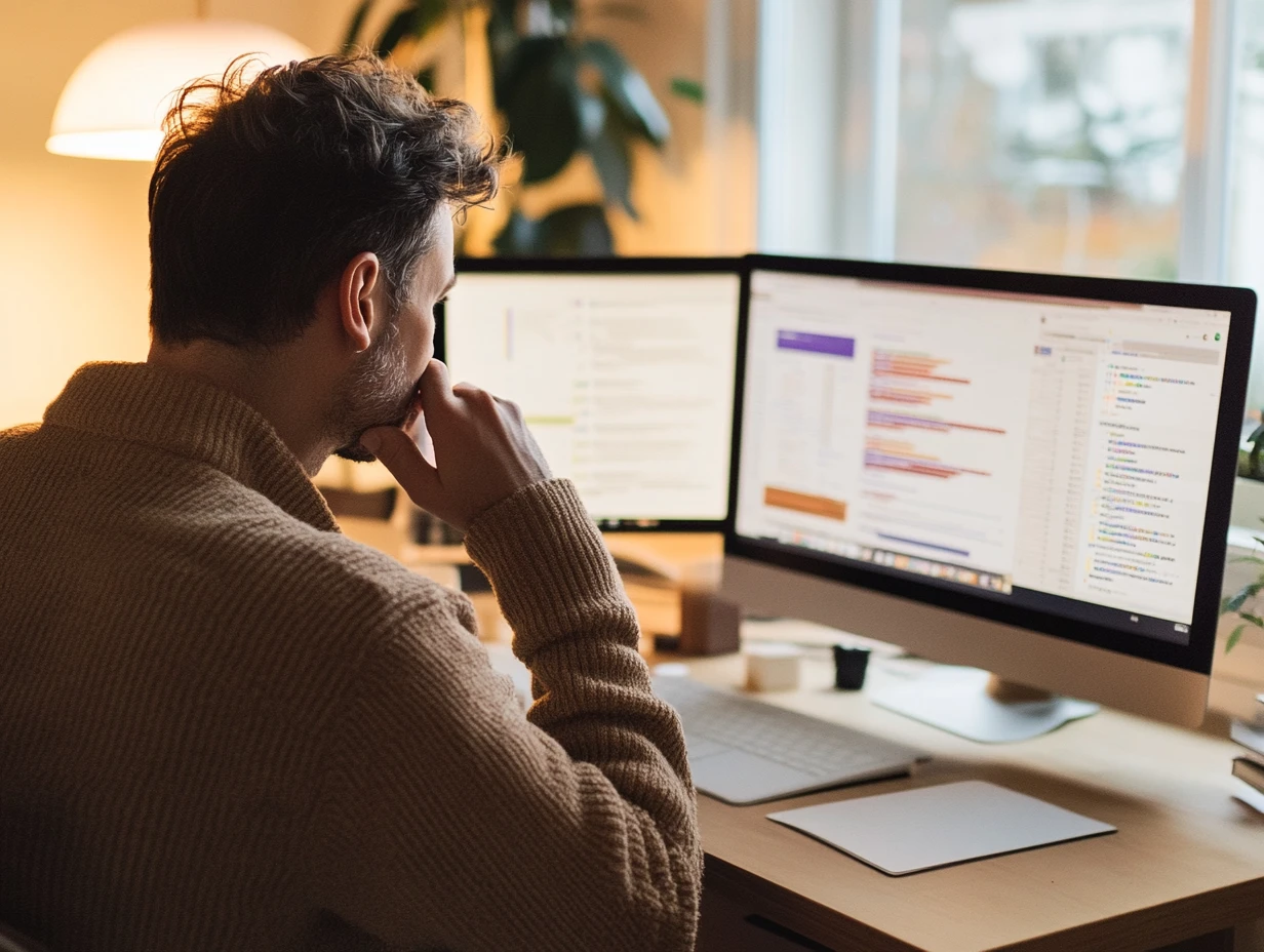 Man reading email on his desktop computer at his desk
