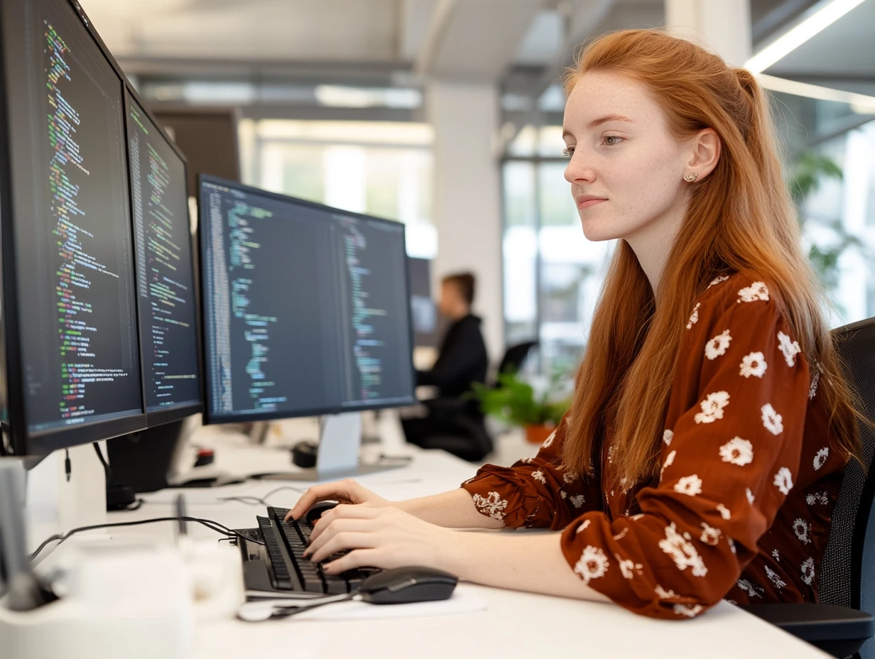 Woman sitting at desk in an office working at her computer and looking at the screen