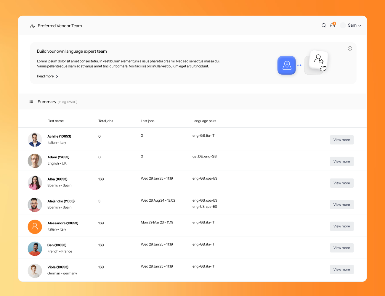 UI of LanguageWire's Preferred Vendor overview on an orange gradient background