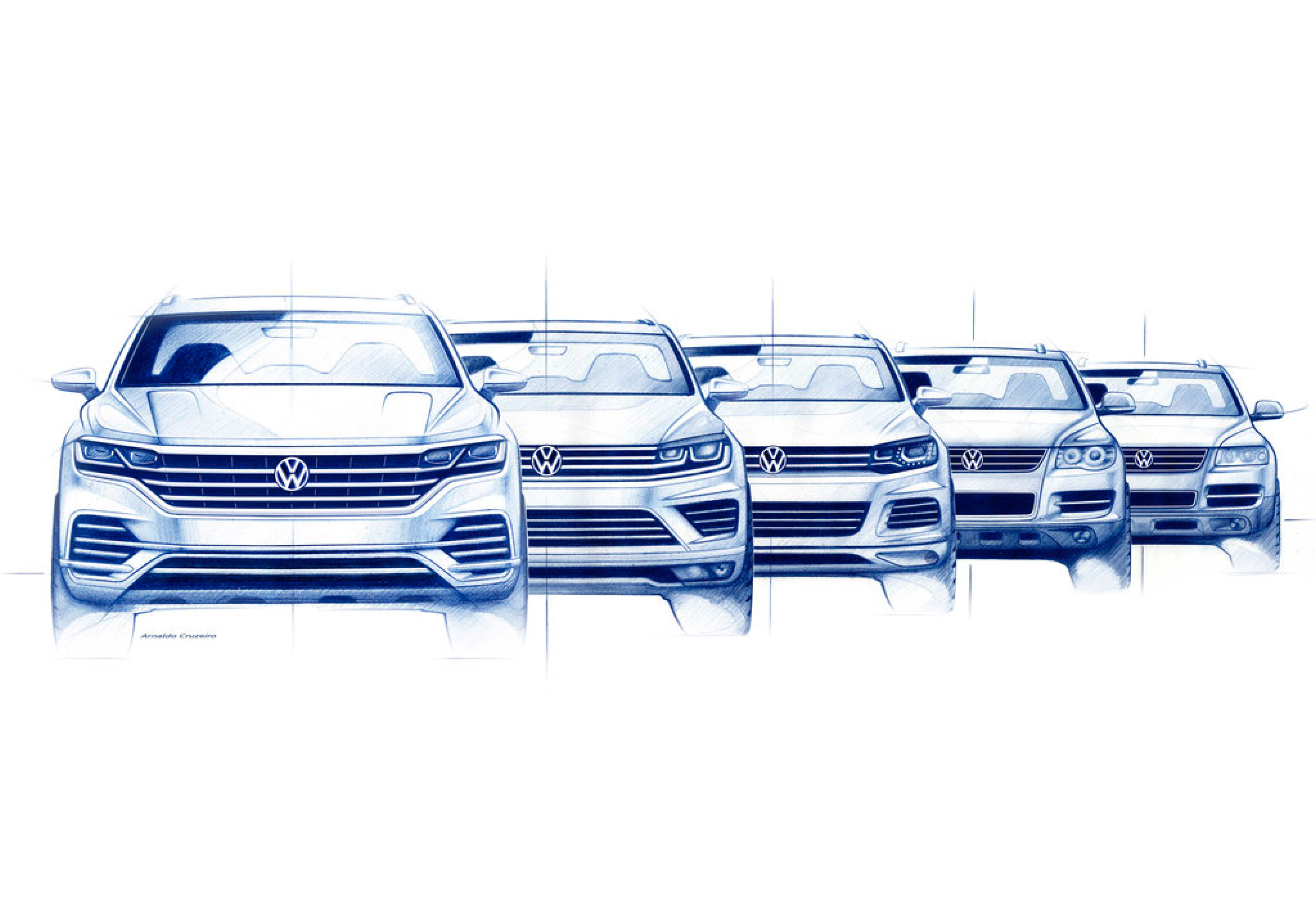 Artistic blue-tone illustration of five front-facing Volkswagen SUVs