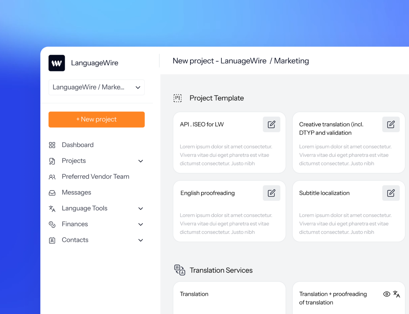 UI of LanguageWire's TMS dashboard when ordering a new project on a blue gradient background