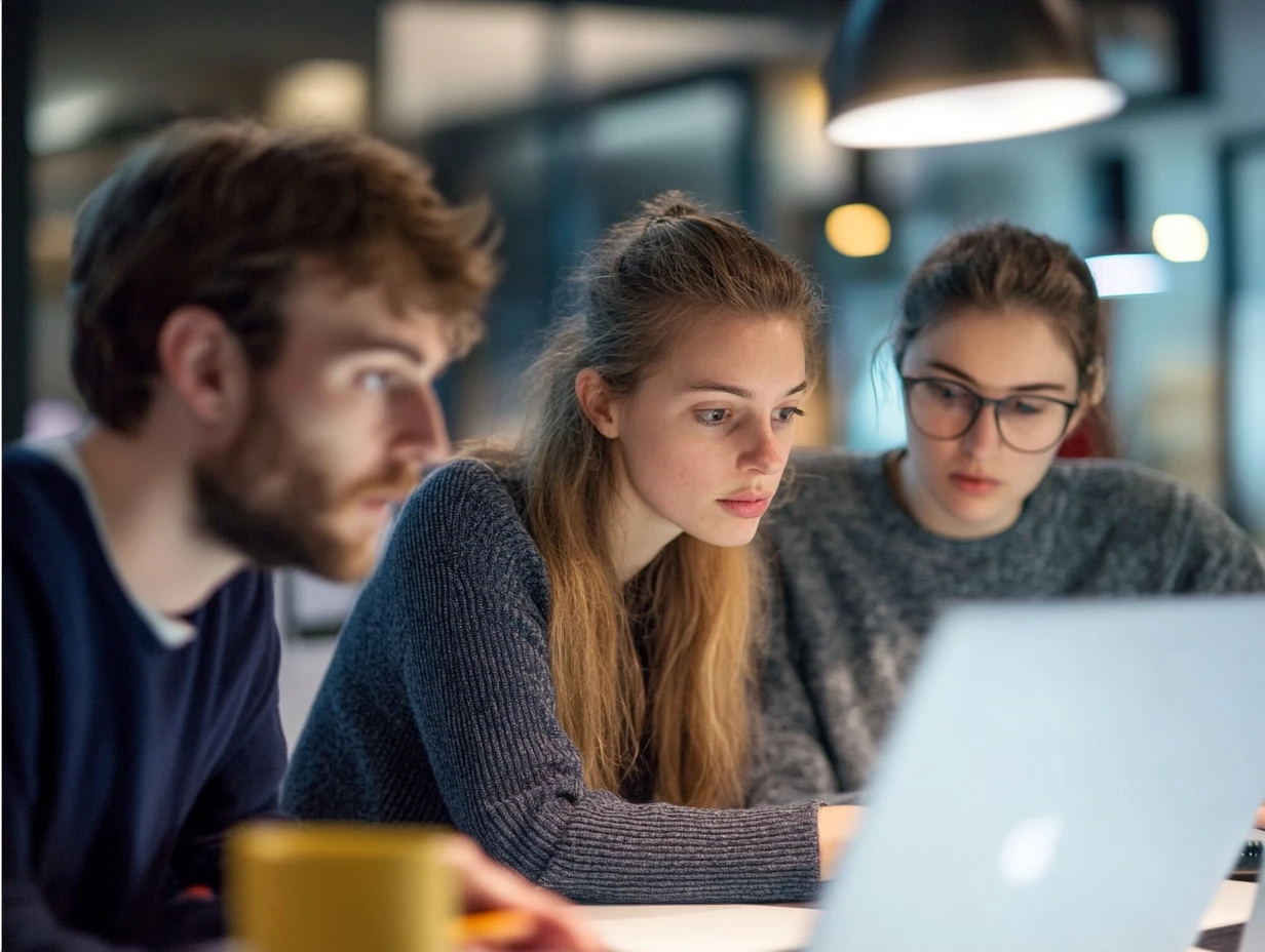 Group of young professionals focused on laptop screen 