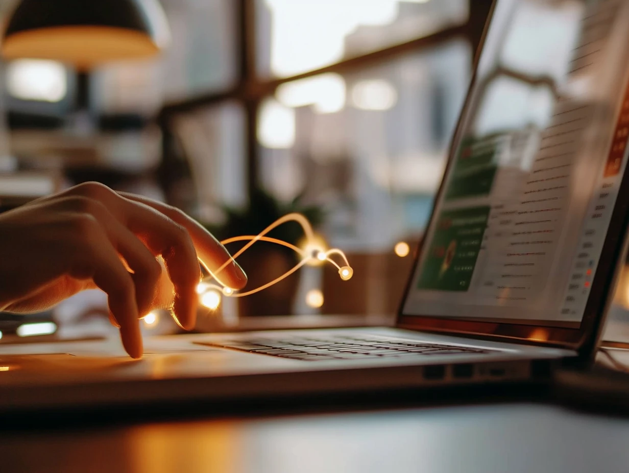 Hand reaching toward a laptop keyboard with an orange glow symbolizing technology flow.