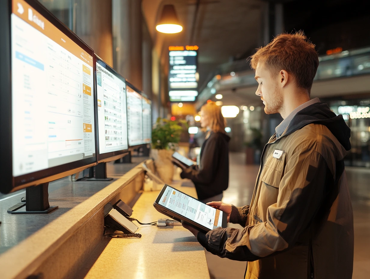 Traveling man looking at information screens while holding a tablet