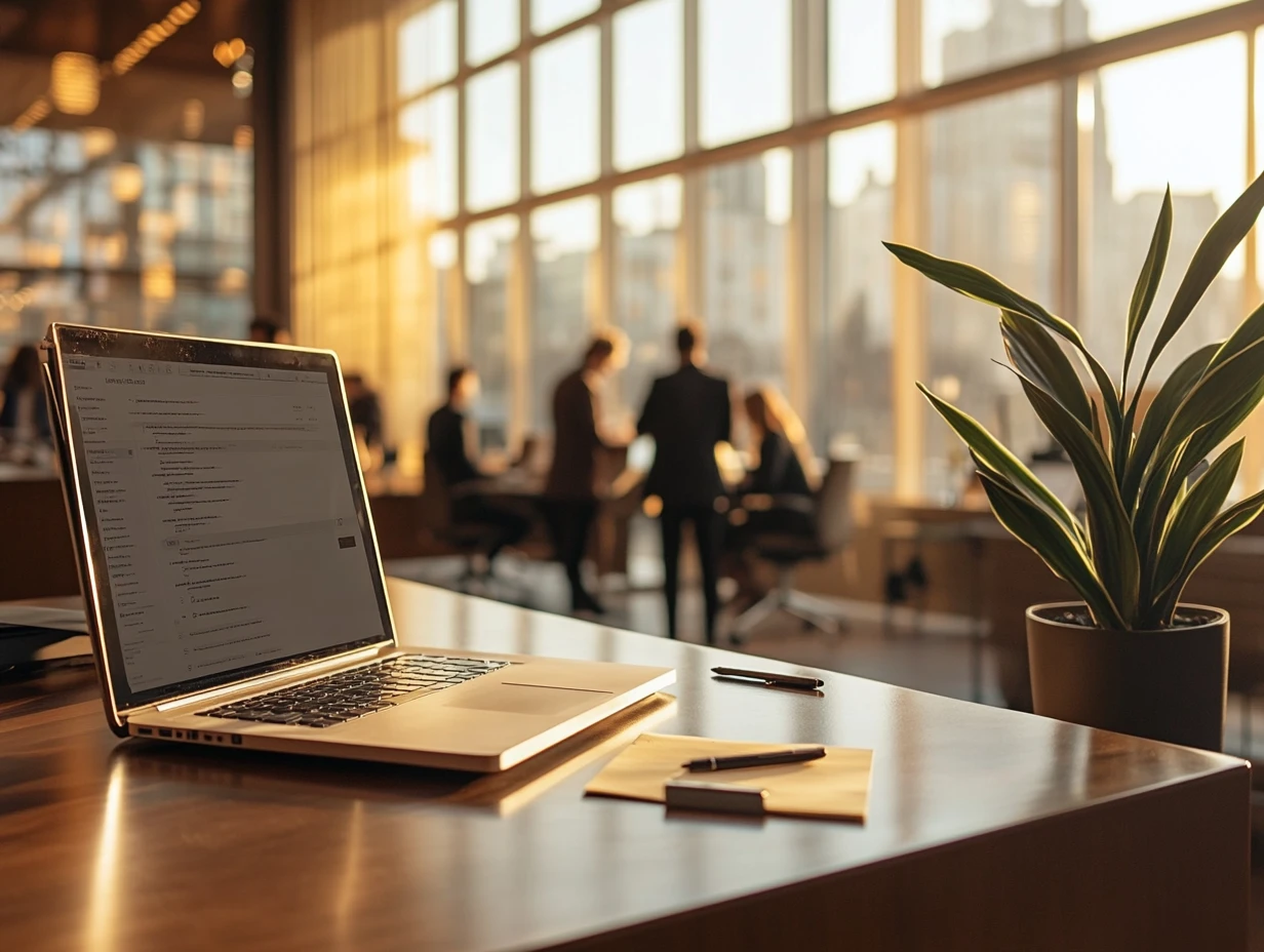 Laptop on desk in sunlit office with people in background