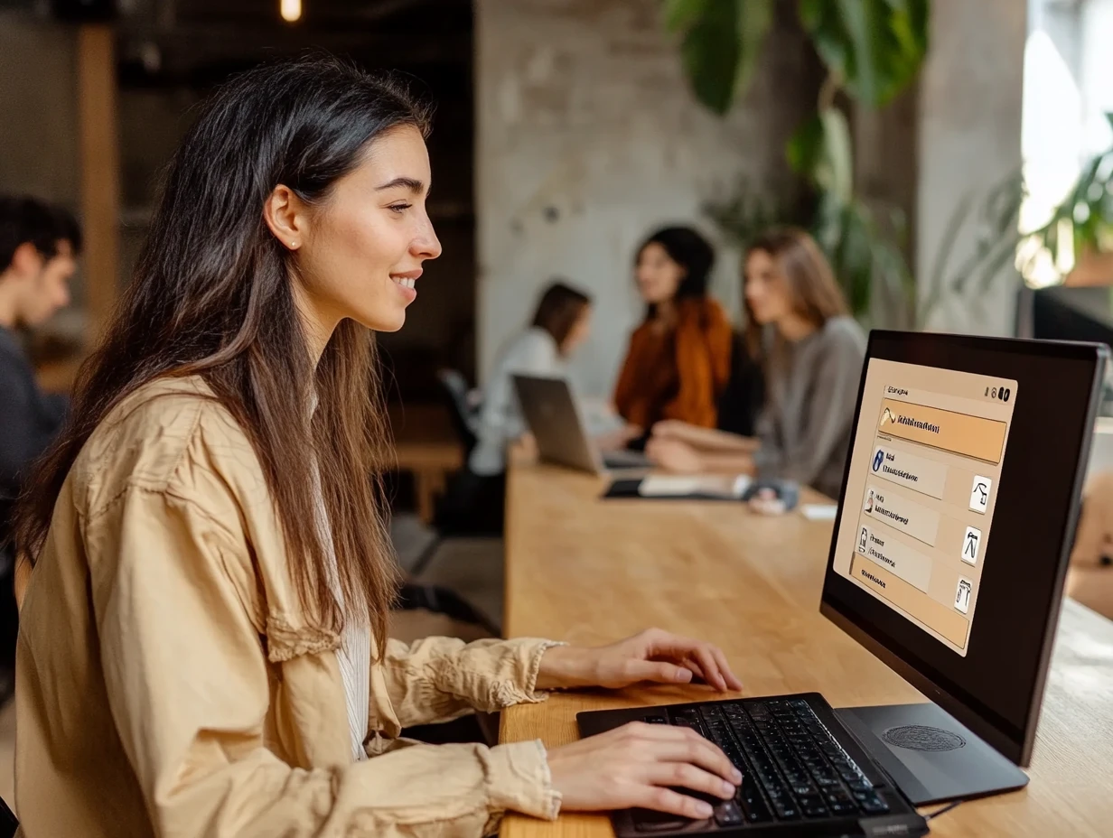 Woman sitting at a public computer while traveling 