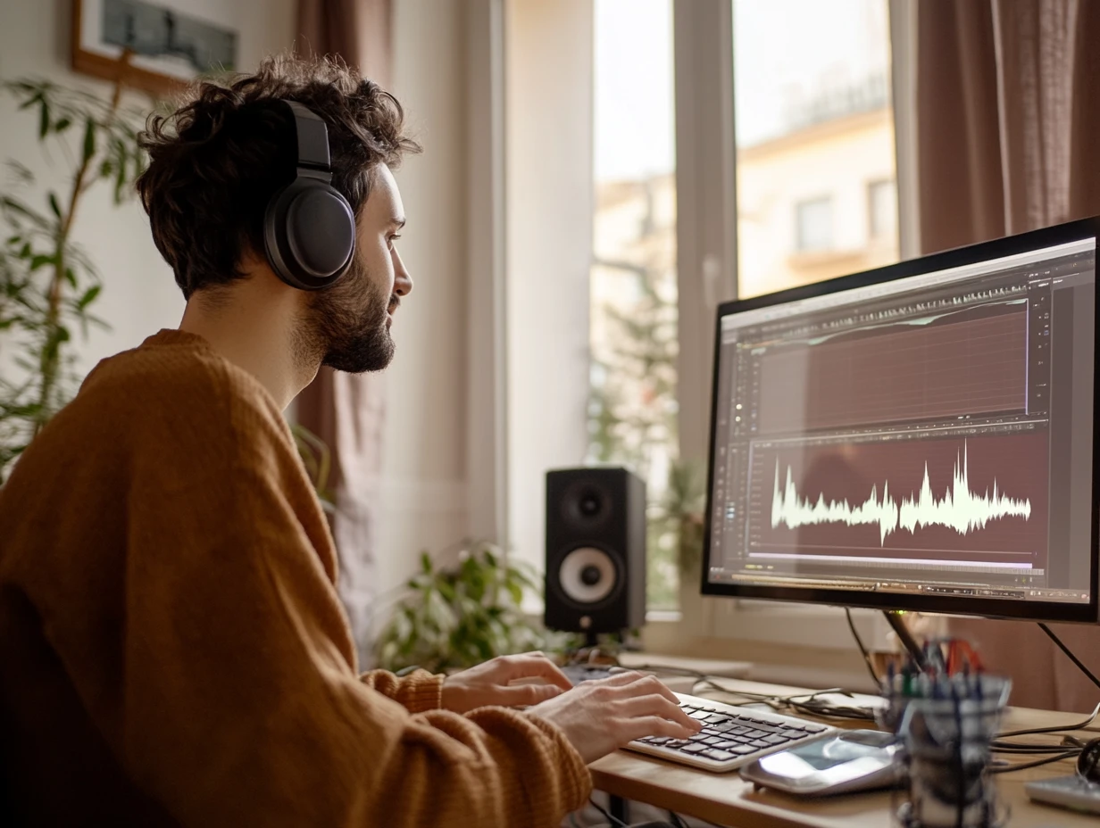 Man wearing headphones sitting at a desk, looking at data visualizations on a screen