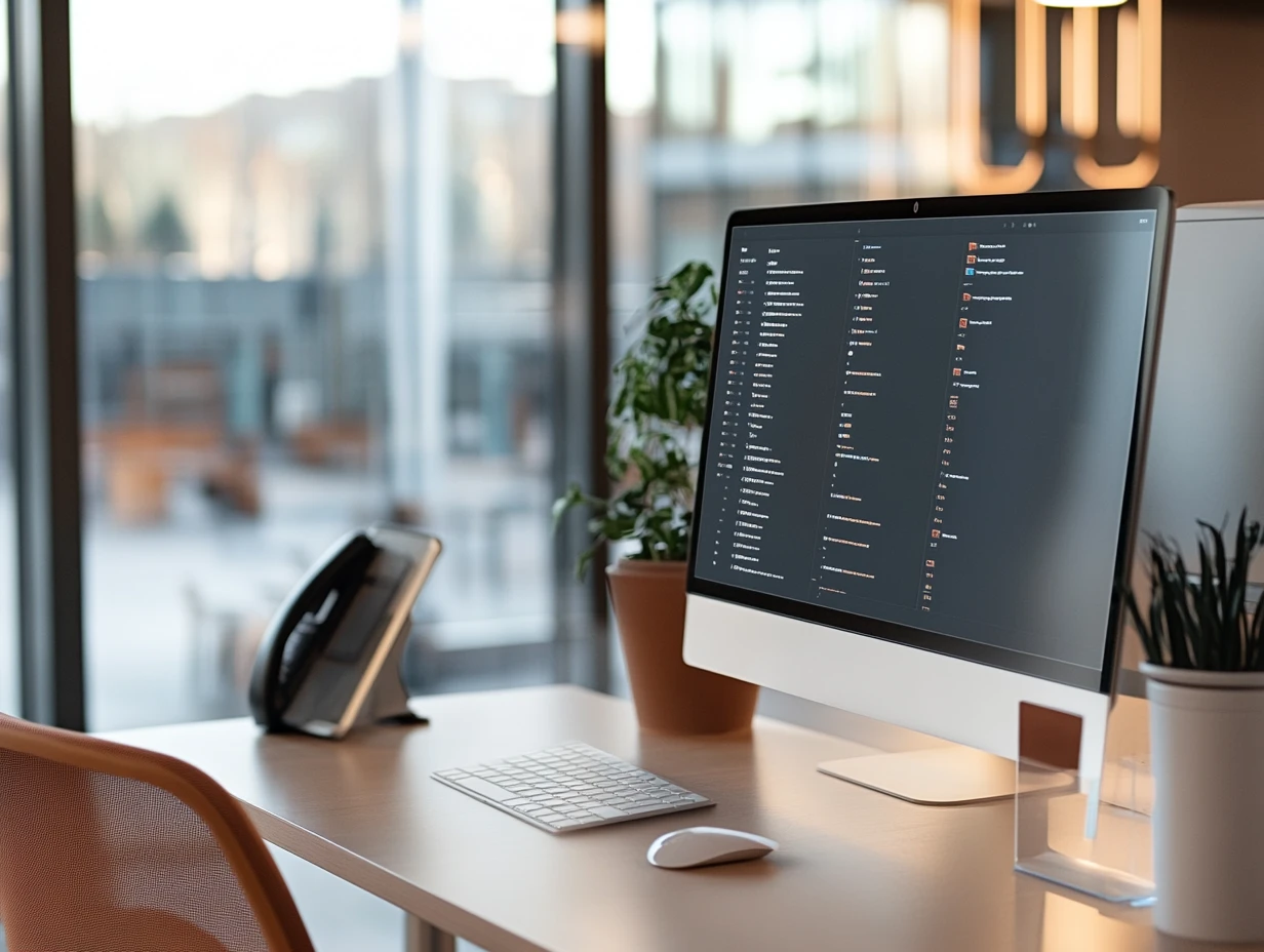 iMac on desk with dark interface and desk phone