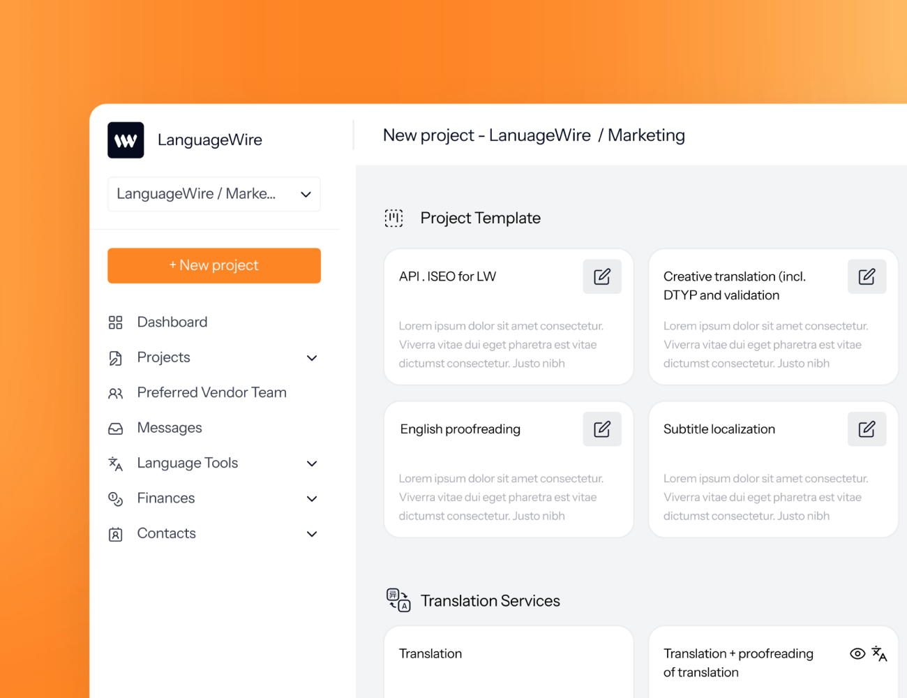 UI of LanguageWire's TMS dashboard when ordering a new project on an orange gradient background