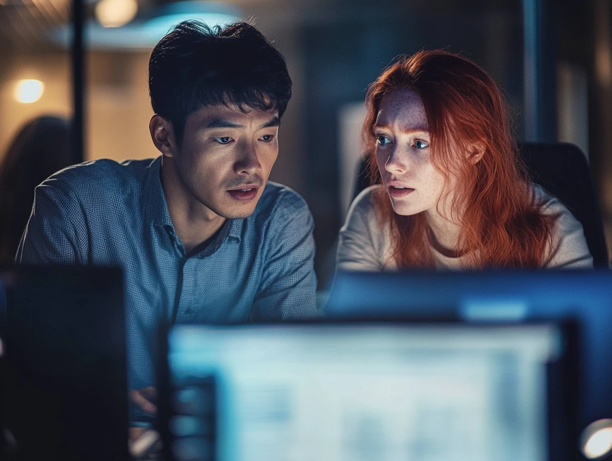 A man and a woman focused on laptop screen