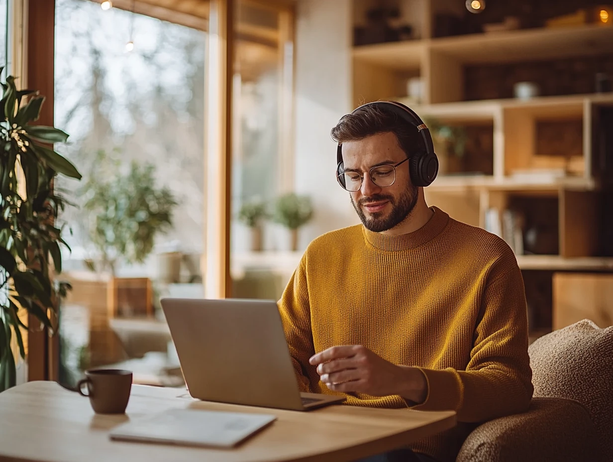 Man sitting at laptop working with headphones on