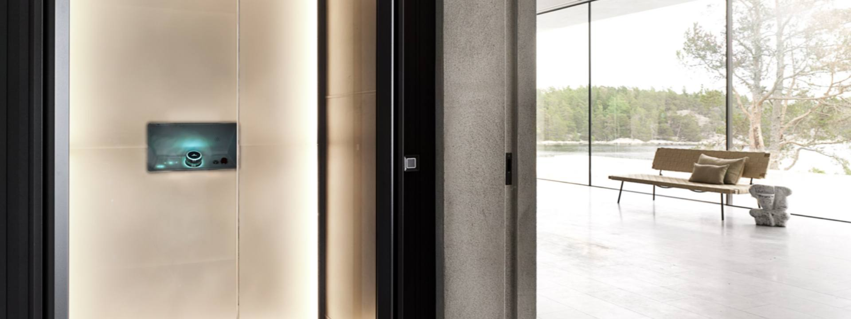 Modern living room with a smart control interface