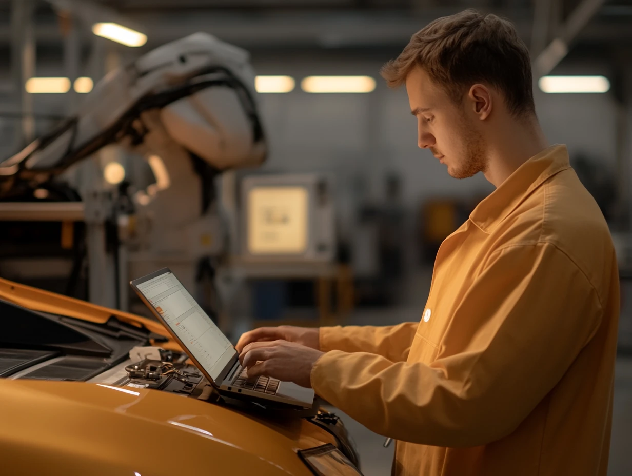 Engineer using computer in automotive factory