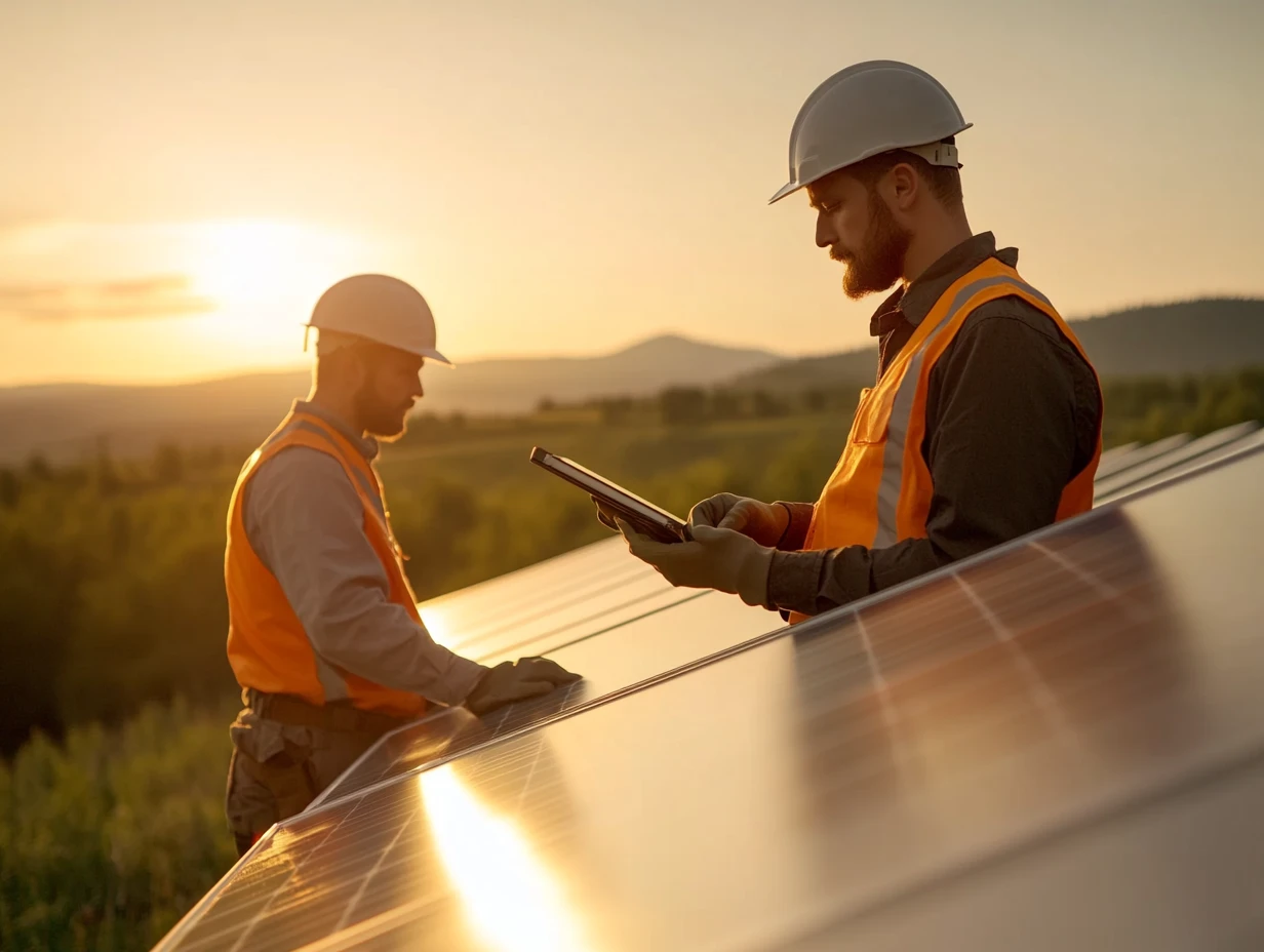 Engineers working on solar panels