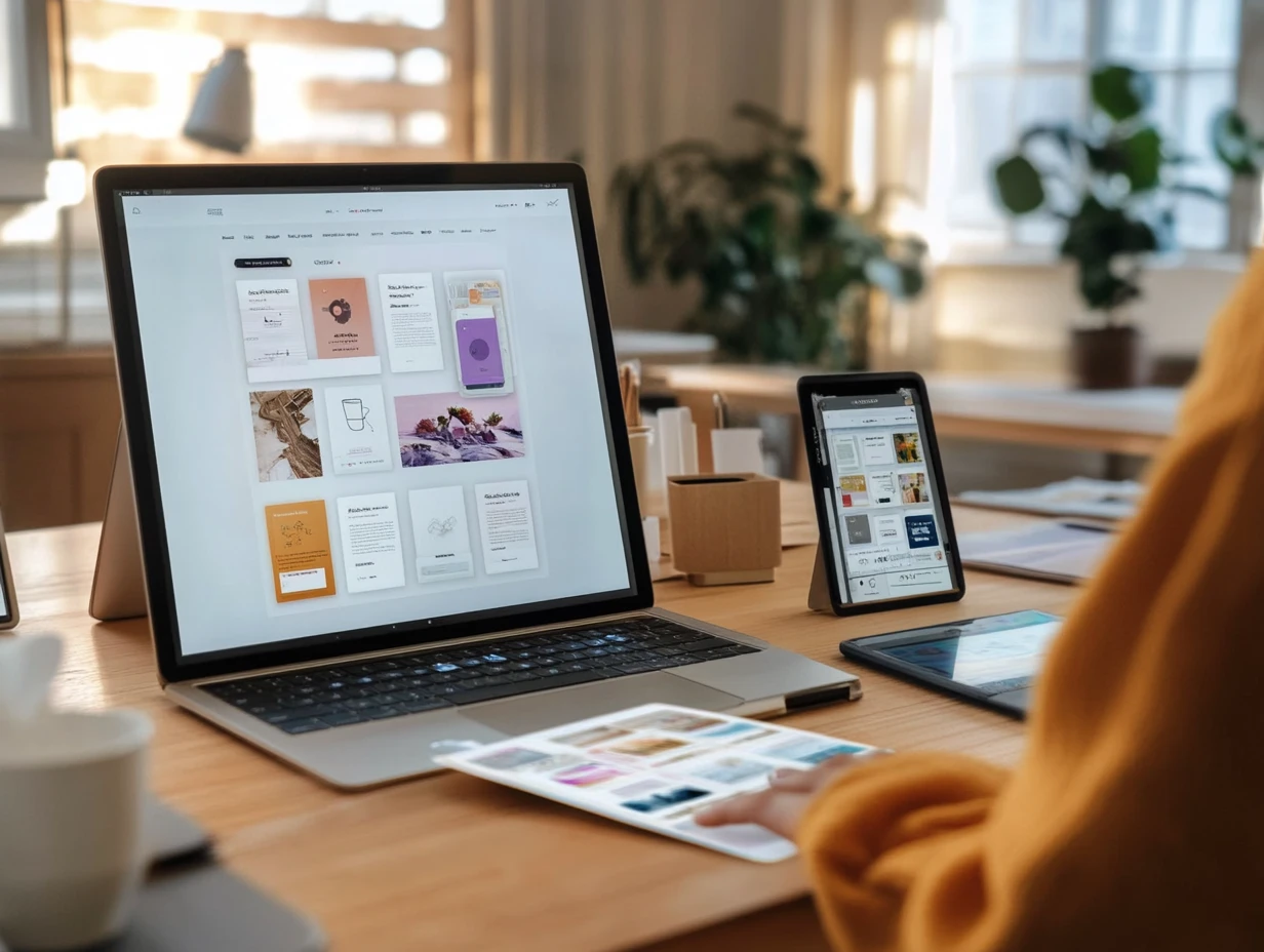 Graphic designers laptop screen showing designs