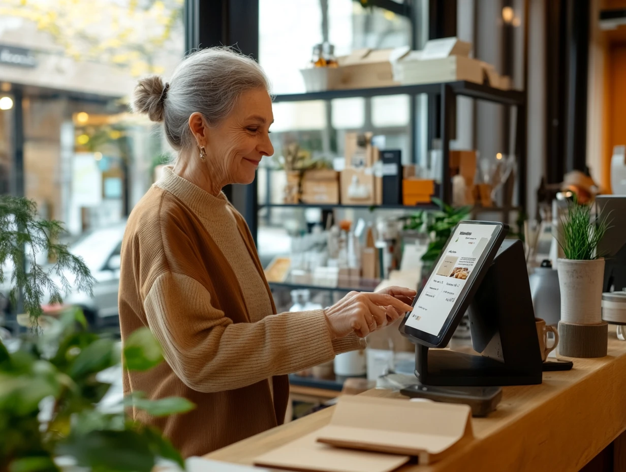 Older woman using tablet to check out at a store