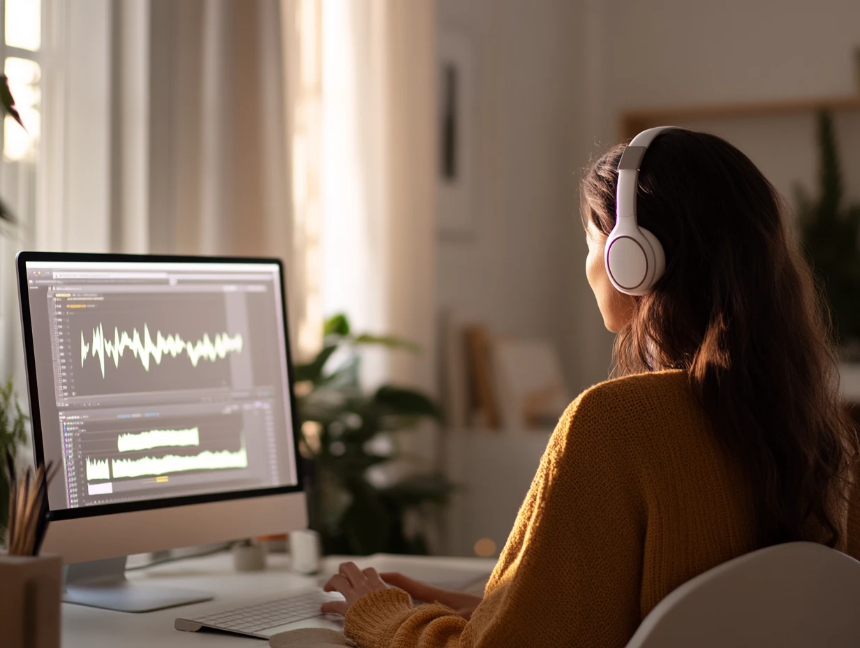 Woman wearing headphones sitting at a desk, looking at data visualizations on a screen