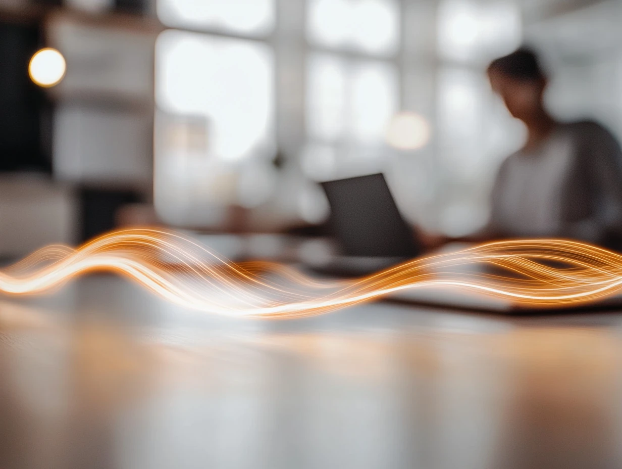 Glowing yellow stream across as desk with a person on a laptop in the background representing translation technology