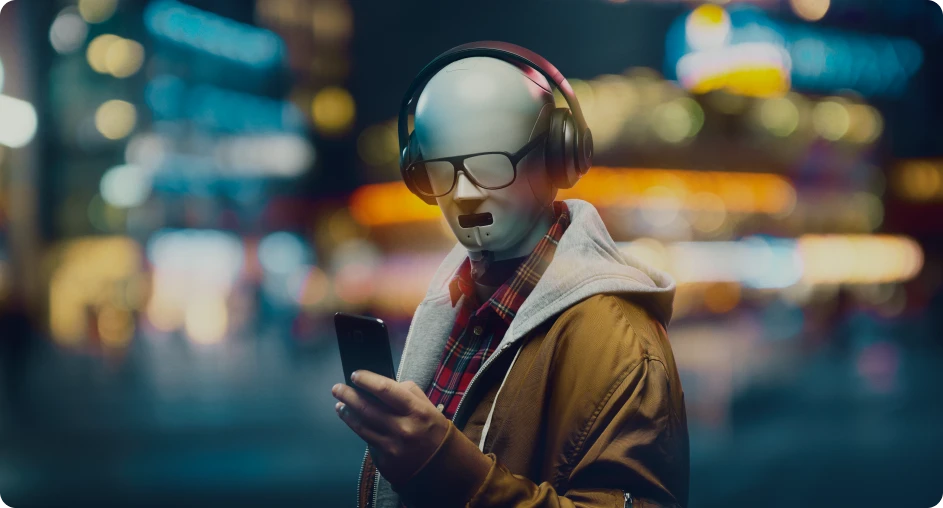 A humanoid robot wearing headphones, sunglasses, holding a smartphone in an urban setting