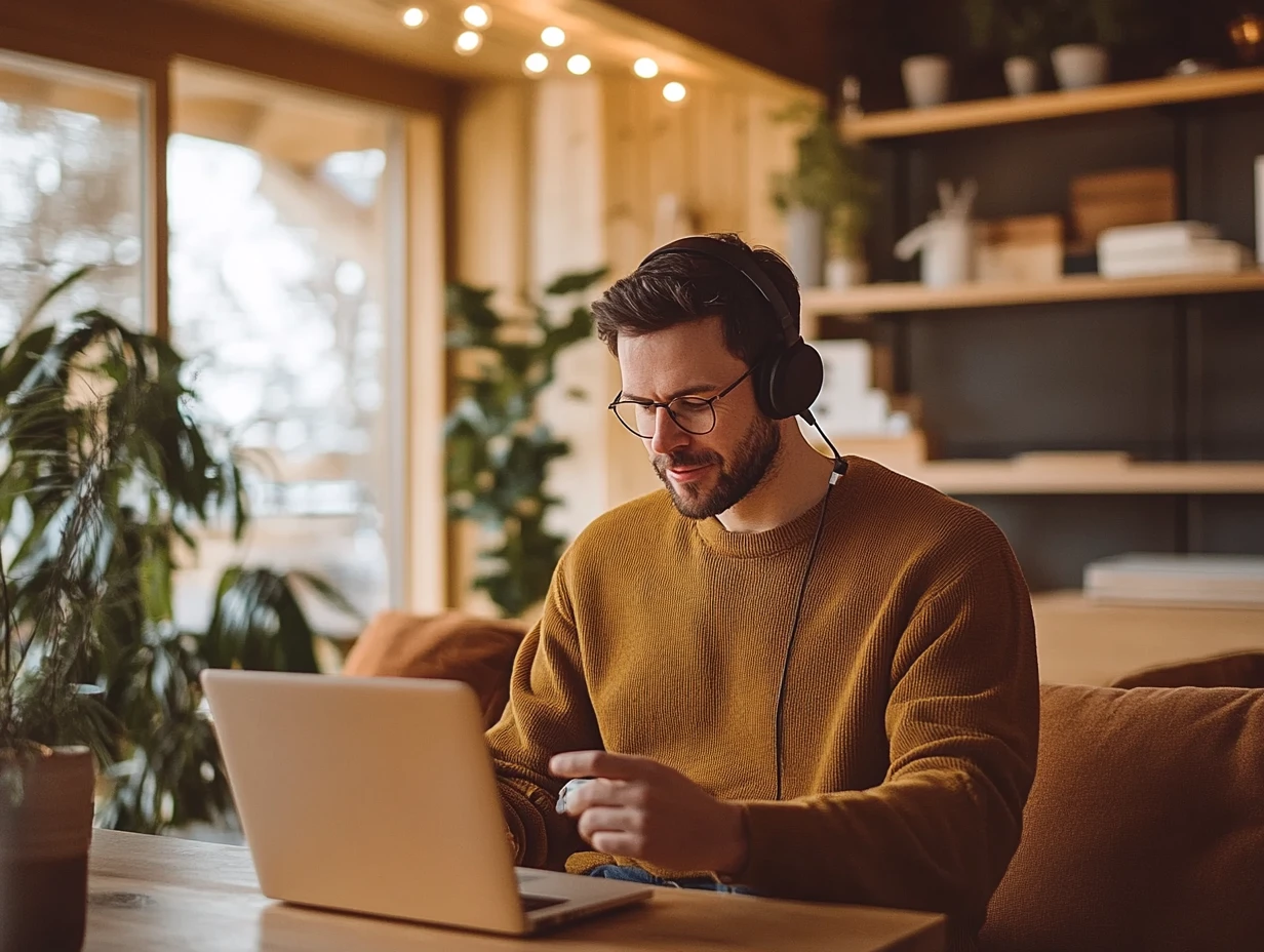 Man sitting at desk looking at laptop with headphones on