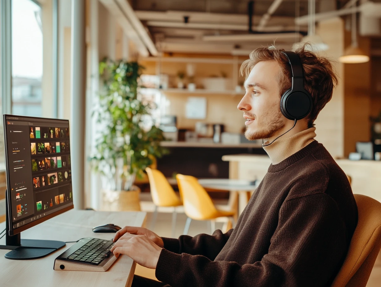 Man wearing headphones working at a computer, editing video clips on his screen.