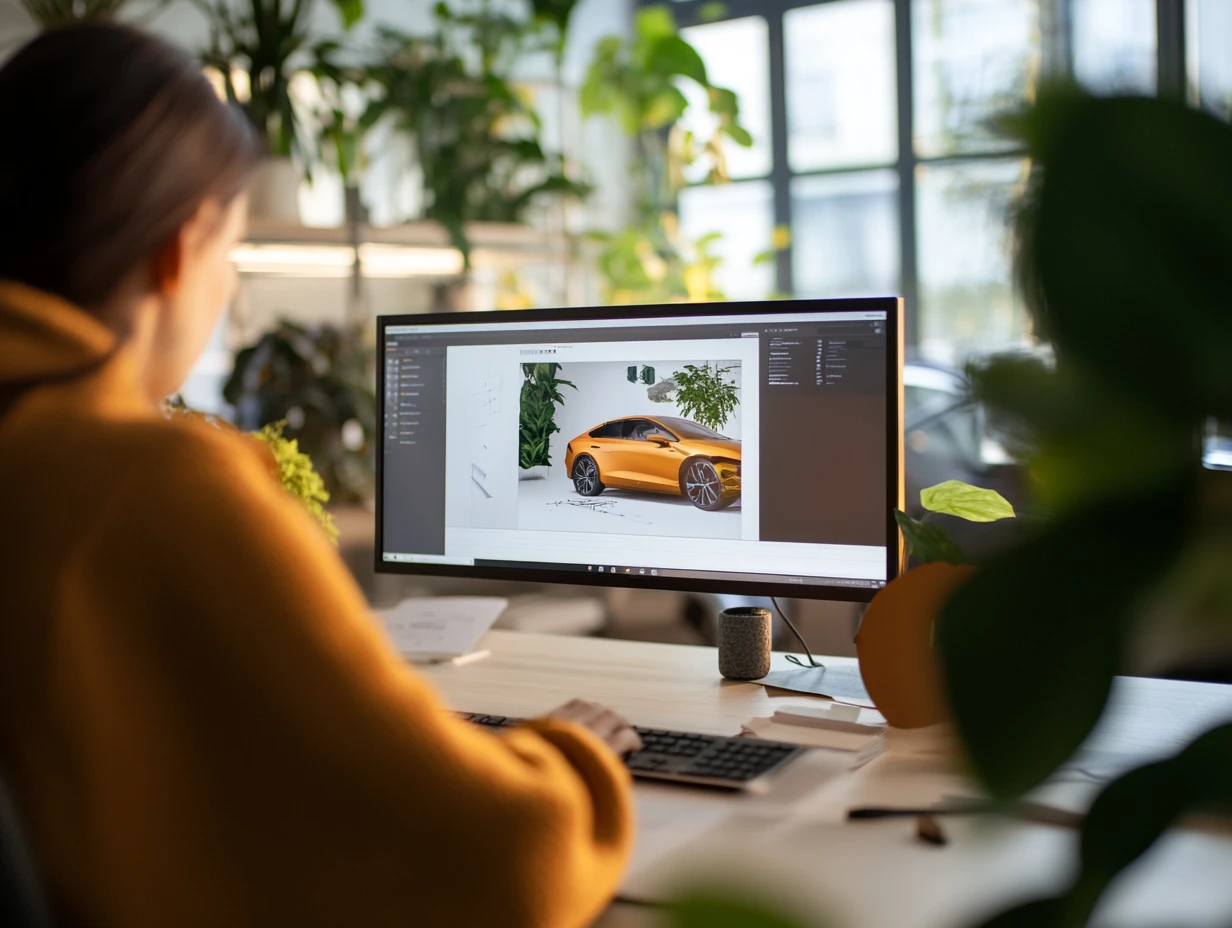 Woman reviewing car designs on her computer