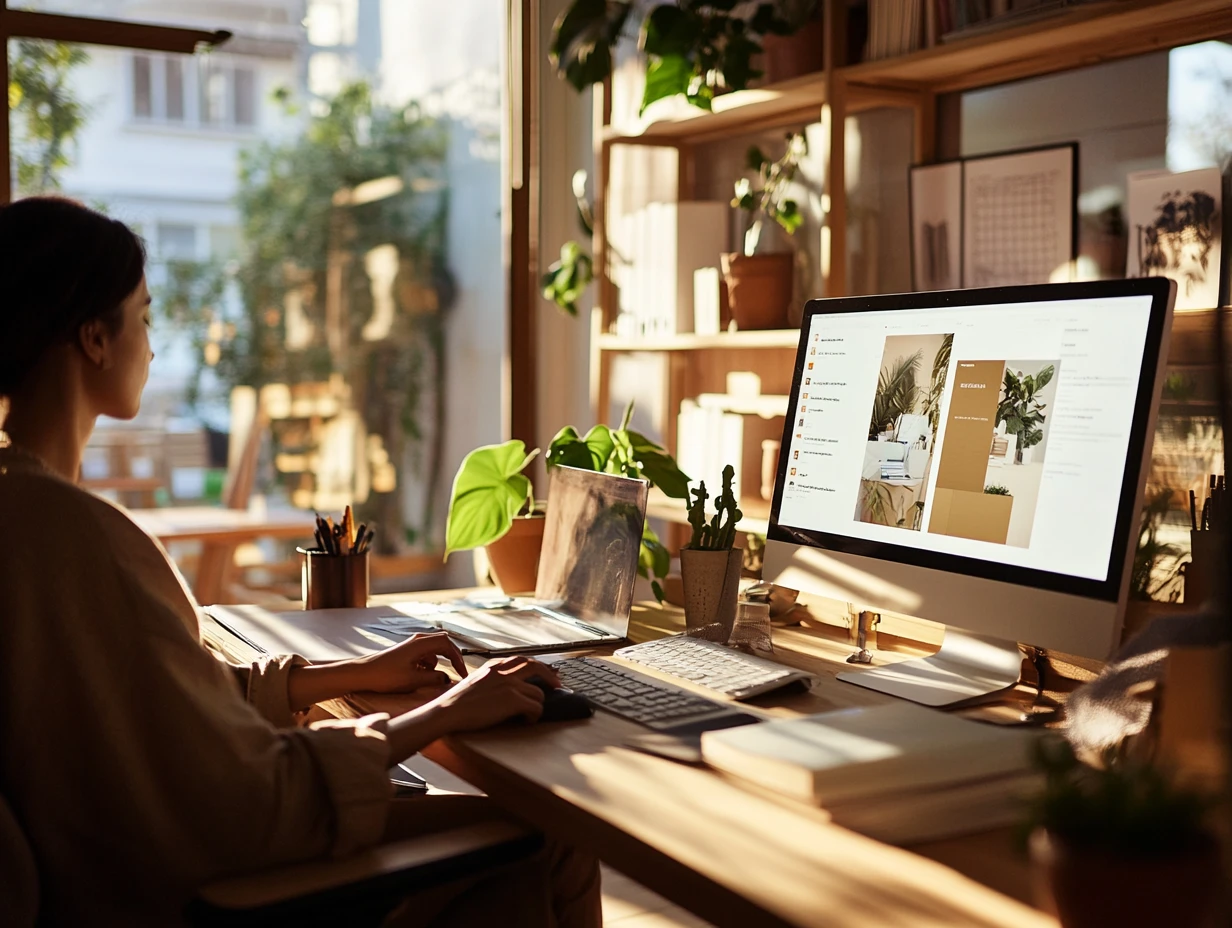 Woman doing graphic design work at her desk 