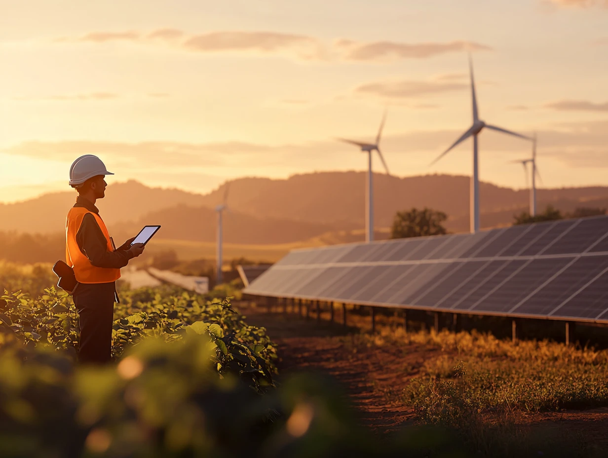 Engineer working on solar panels, holding a tablet