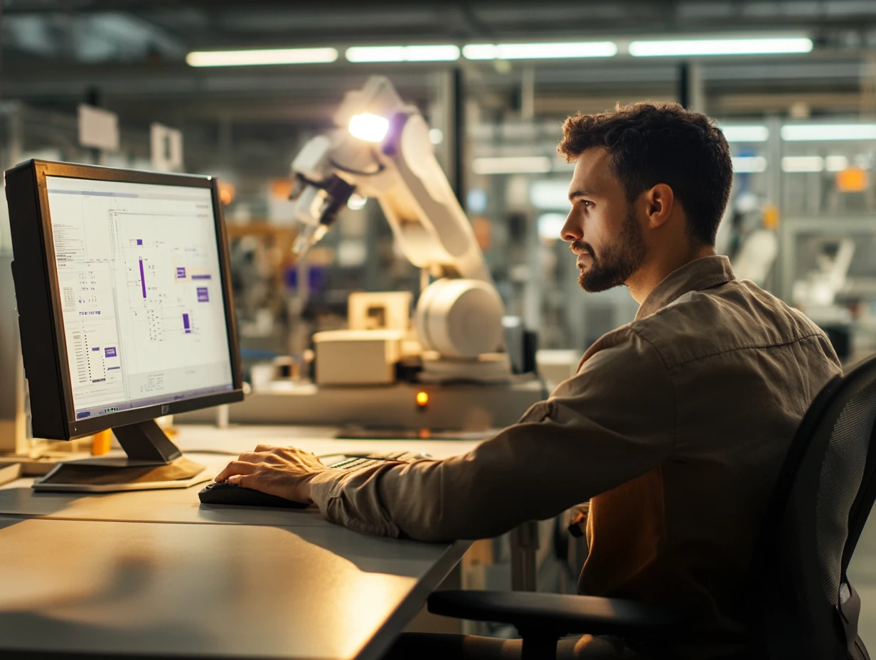 Man working in factory looking at a screen while a robot arm works next to him