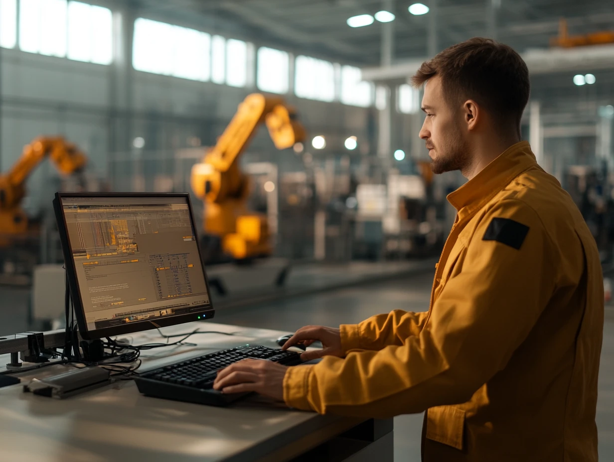 Man working in factory at screen controlling robot arm in the distance