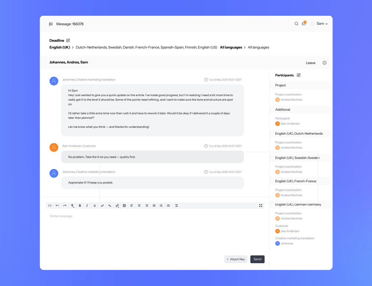 UI of messages in the LanguageWire TMS dashboard on a blue gradient background