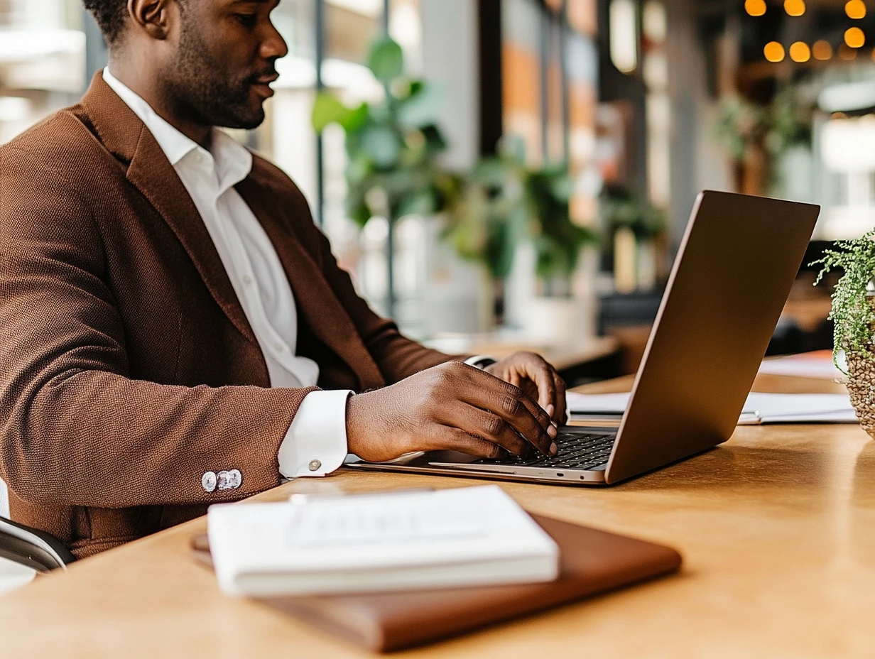 Man in suit working on laptop