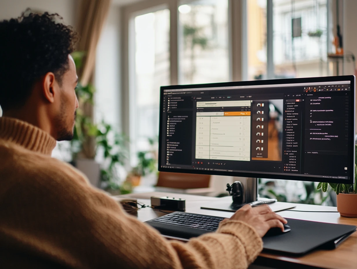 Back of man's head while sitting at desk working on a computer