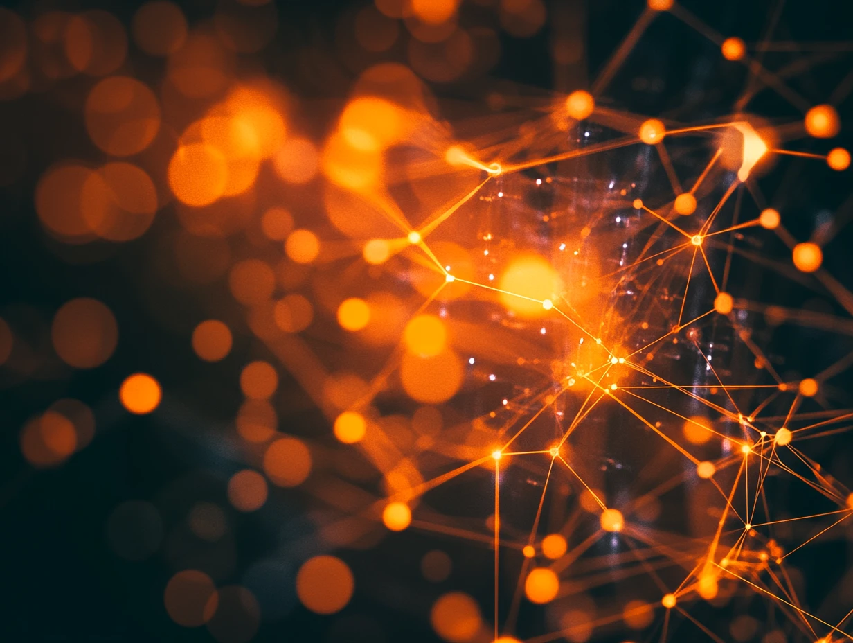 Orange lines and dots on a dark blue background representing digital connectivity