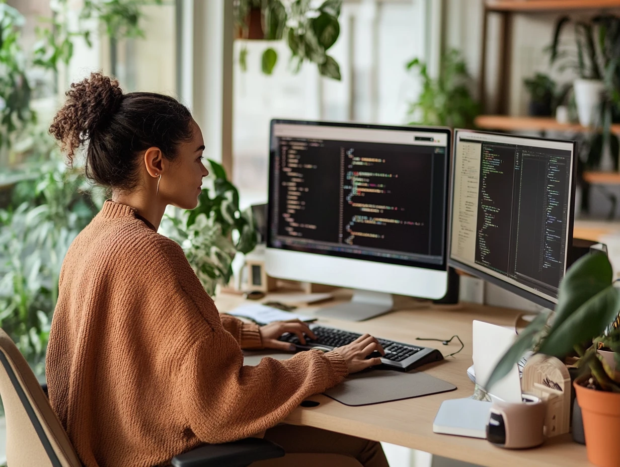Woman working at her computer in an open concept office surrounded by plants 